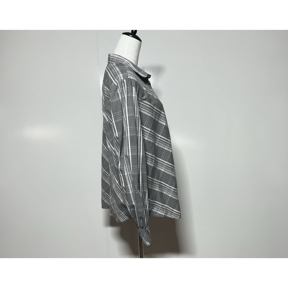 Chicos Top Womens XL 3 Gray‎ White Button Up Billow Balloon Sleeve Poplin Plaid - Picture 4 of 12